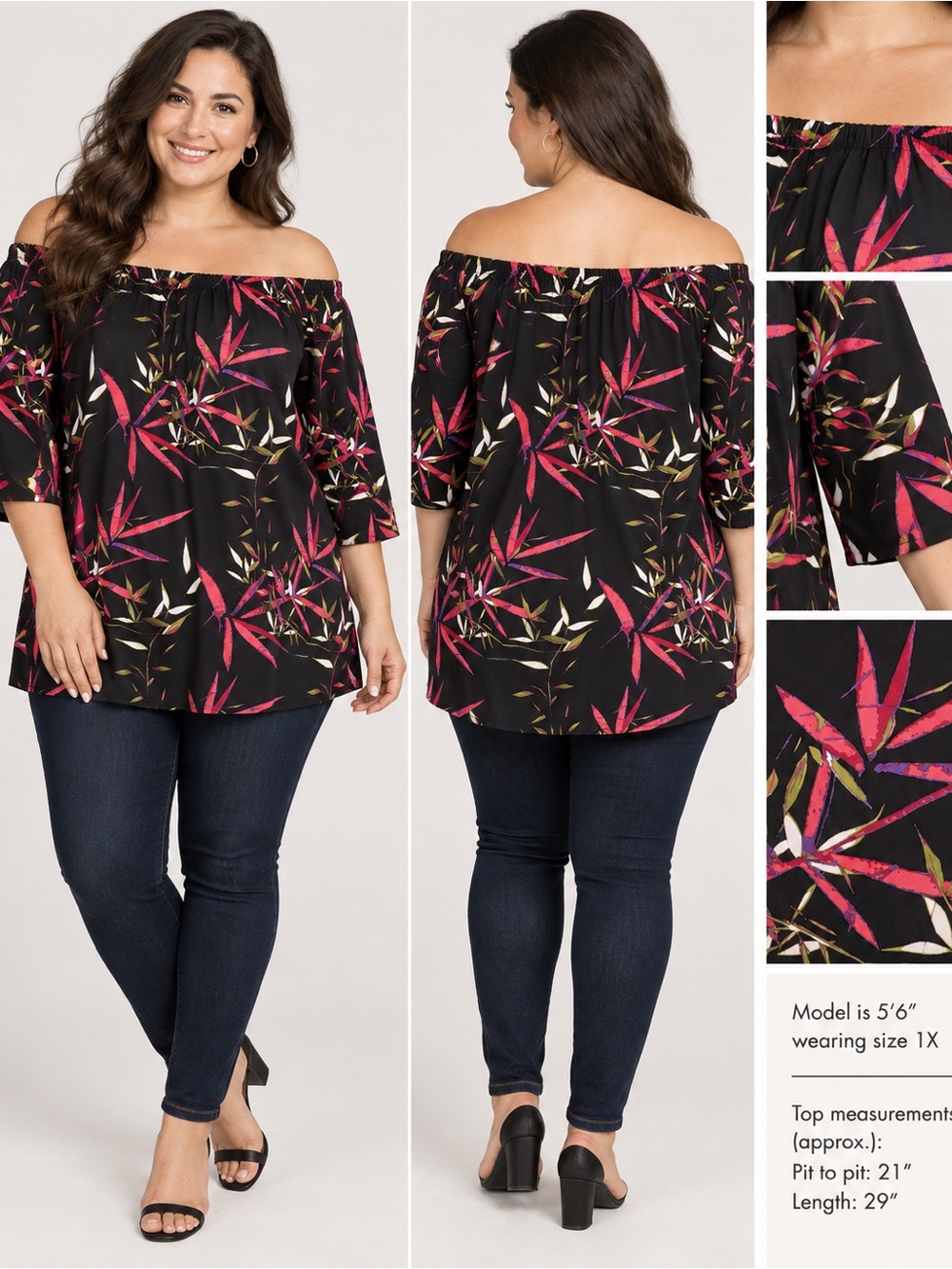 Kim & Co Black Tropical Floral Off-Shoulder Tunic Top Plus Size